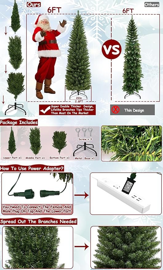 TURNMEON 6 Ft Prelit Pencil Tree Fraser
