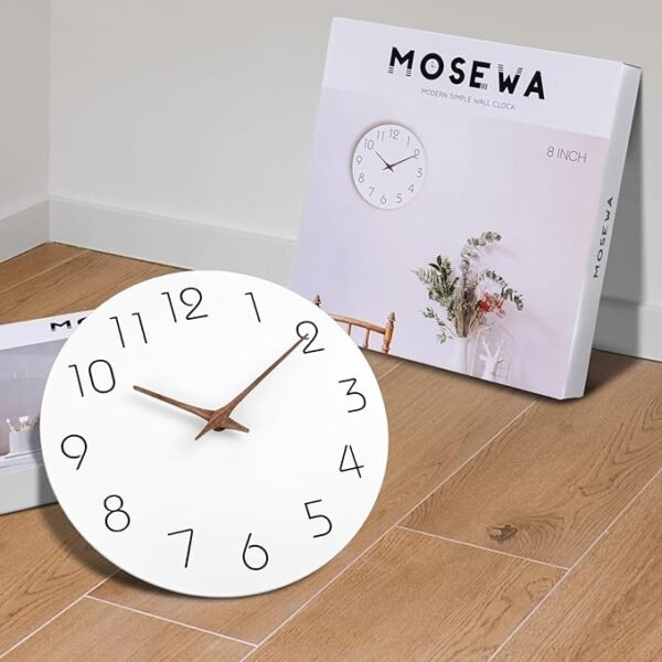 Mosewa Wall Clock 8 Inch White Silent Non Ticking Wall Clocks