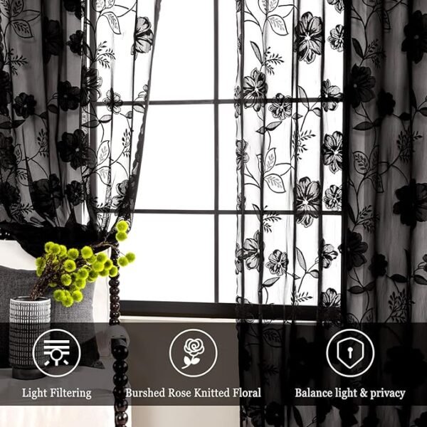 Treatmentex Black Sheer Lace Curtains for Bedroom Living Room Studio 84inch Long Vintage Rose