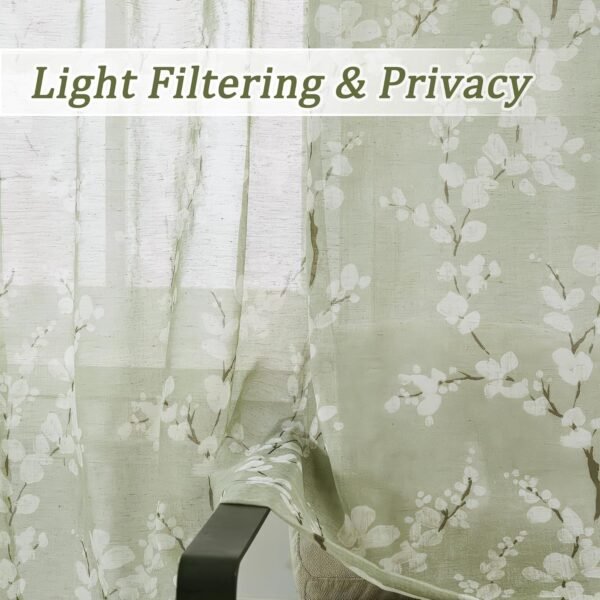 FMFUNCTEX  Linen Sheer Curtains for Bedroom, Sage Green Blossom Print Curtains 84 Inches