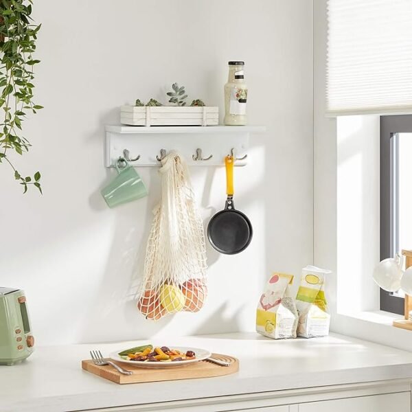 SONGMICS Coat Rack with Shelf, Wall-Mounted Coat Rack, with 4 Metal Dual Hooks for Coats, Bags, for Entryway