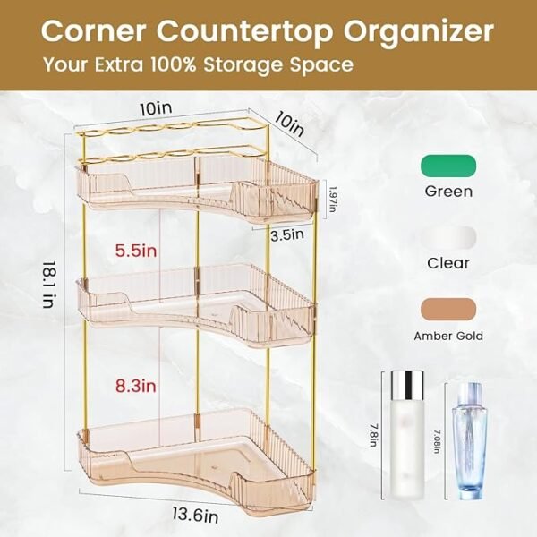 NATURE'S SOURCE Makeup Organizer for Vanity, 3-Tier Corner Bathroom Organizer Countertop with Makeup Brush