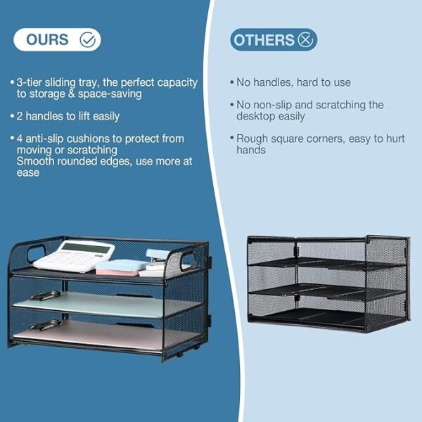 NCXTKJ 3-Tier Letter Tray Paper Organizer with Handle, Black