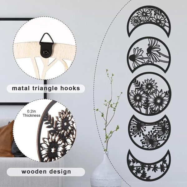5 Pieces Moon Phase Wall Decor Boho Hanging Moon Phase Nordic Wood Wall Art