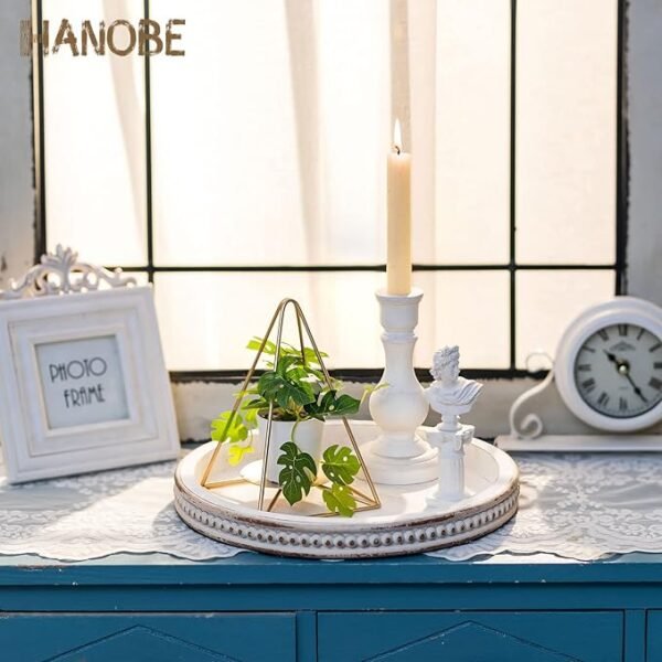 Decorative Serving Tray Wood: White Washed Bead Round Tray