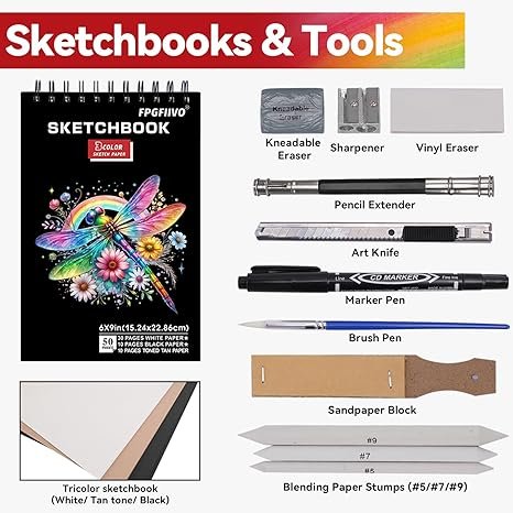 4 101 Pieces Advanced Drawing Set and Sketching Kit, with 3-Color Sketchbook