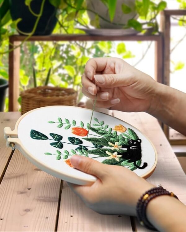 4 Embroidery Kit for Adult for Beginners, 5 Sets Black Cat and Flower Embroidery