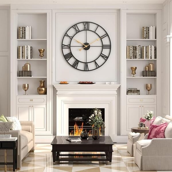 WGWART 24" Large Black Roman Numeral Wall Clock, Silent Battery