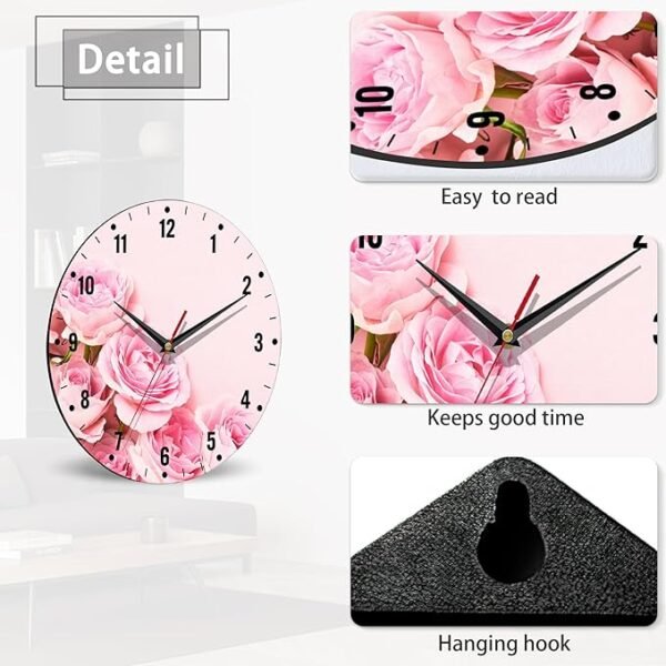 SPUNKER Wall Clock,Pink Roses Flowers Wall Clocks