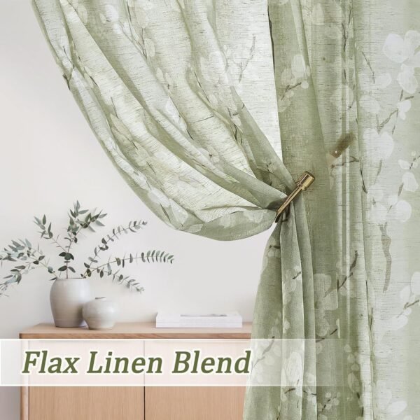 FMFUNCTEX  Linen Sheer Curtains for Bedroom, Sage Green Blossom Print Curtains 84 Inches