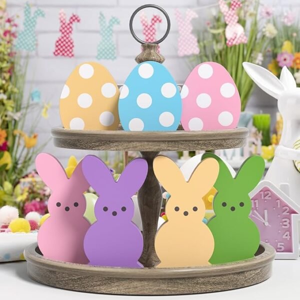 CRCZK 7PCS Wood Bunny Peeps Easter Eggs Tiered Tray Decor