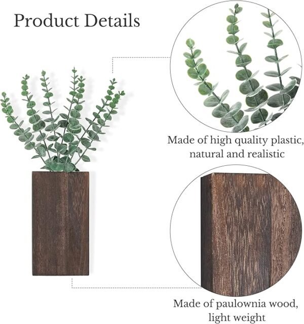 4 2 Pack Wood Wall Planter Vase with Artificial Eucalyptus Farmhouse Wall Hanging Decor