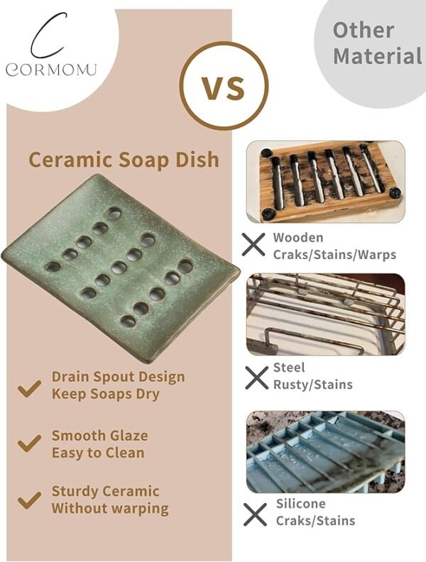 Cormomu Soap Dish for Shower, Ceramic Soap Holder with Self Drain