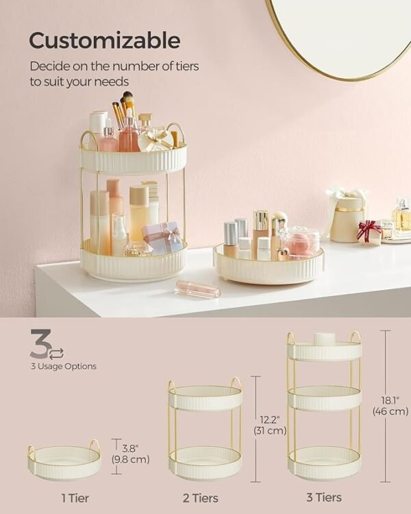 SONGMICS Makeup Organizer, 3-Tier Round Rotating Skincare Organizer Countertop