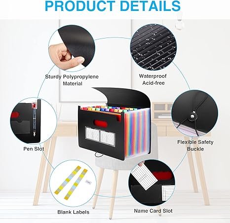 Sooez 24 Pockets Expanding File Folder with Blank Labels, Black