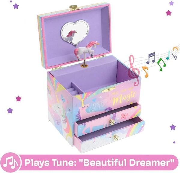 Jewelkeeper Jewelry Box for Girls - 2-Drawer Music Box with Spinning Unicorn, Pink Glitter Design, Dreamer Tune
