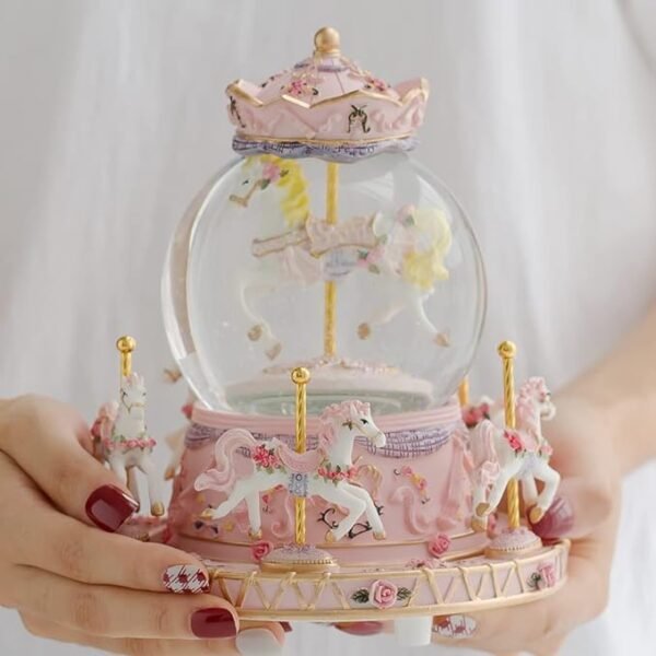 LOVE FOR YOU Gift Wrapped Music Box Carousel Horses Color Lights Unicorn Musical Snow Globe