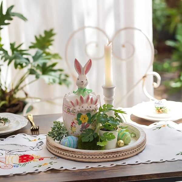 Decorative Serving Tray Wood: White Washed Bead Round Tray