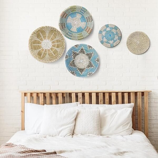 Hanging Woven Wall Basket Decor - Wicker Wall Baskets Decor Boho Flat set of 5