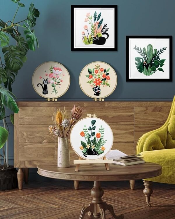 5 Embroidery Kit for Adult for Beginners, 5 Sets Black Cat and Flower Embroidery