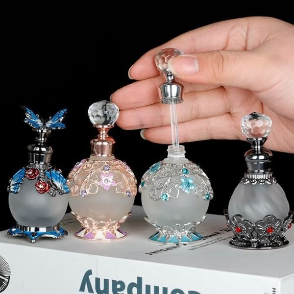 SEVENBEES 15ml Vintage Glass Perfume Bottle with Antique Silver Flower Figurine