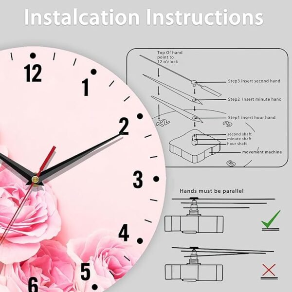 SPUNKER Wall Clock,Pink Roses Flowers Wall Clocks