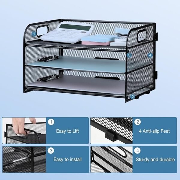 NCXTKJ 3-Tier Letter Tray Paper Organizer with Handle, Black