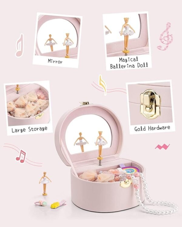 Vlando Musical Jewelry Box for Girls, Small Kid Music Box with Ballerina for Birthday Bedroom Decor