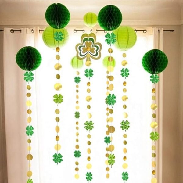 Green Garland Shamrock Clover Gold Circle Dots Streamers Glitter St Patricks Day