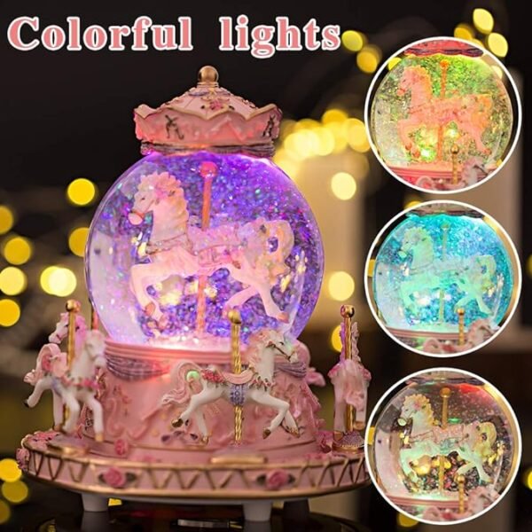 LOVE FOR YOU Gift Wrapped Music Box Carousel Horses Color Lights Unicorn Musical Snow Globe
