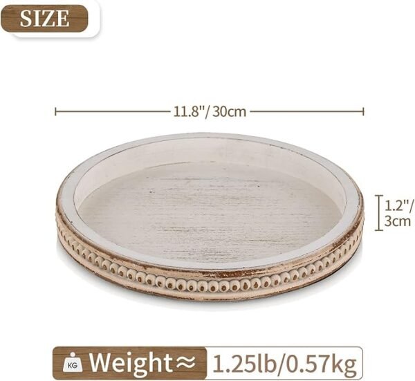 Decorative Serving Tray Wood: White Washed Bead Round Tray