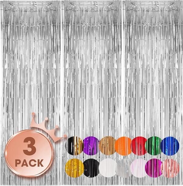 Voircoloria 3 Pack 3.3x8.2 Feet Silver Foil Fringe Backdrop Curtains