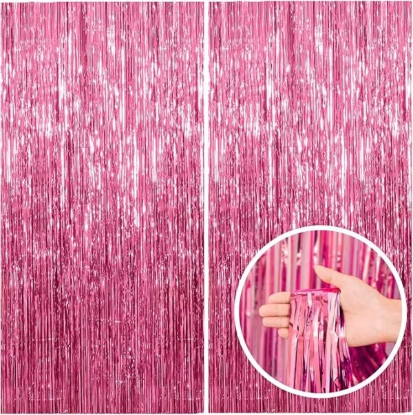 BOMSI 2 Pack Pink Backdrop Party Decorations Tinsel Curtain