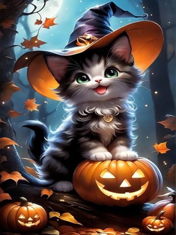 eniref Diamond Art Kits for Adults,Halloween Cat Pumpkin DIY 5D Round Full Drill Diamond Painting
