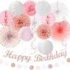 Huglony Pink White Rose-Gold Birthday Party-Decorations - 21pcs Happy Banner