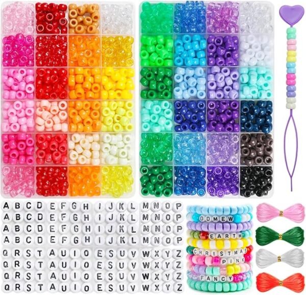 Pony Beads, 48 Colors Bracelet Making Kit, 6x9mm Beads for Bracelets with Elastic Strings