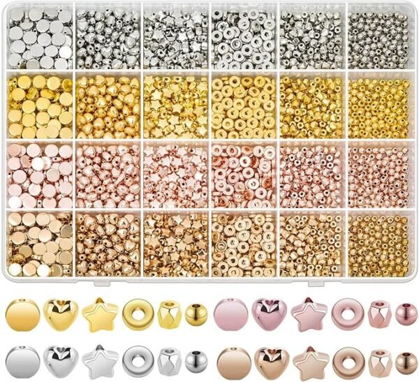 2160 Pieces Gold Spacer Beads Set, Assorted Round Star Gold Beads for Bracelet