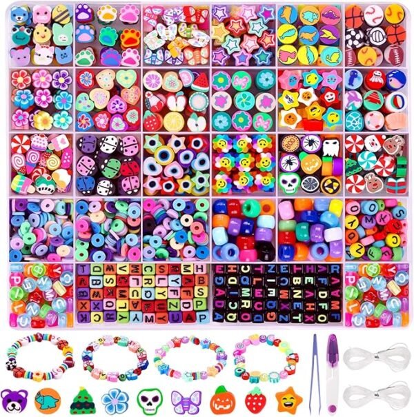 DULEFUN 960pcs Polymer Clay Beads Charms Bracelet Kit 24 Styles Cute Fun Clay Flower Butterfly Heart Animal Letter Pony Beads