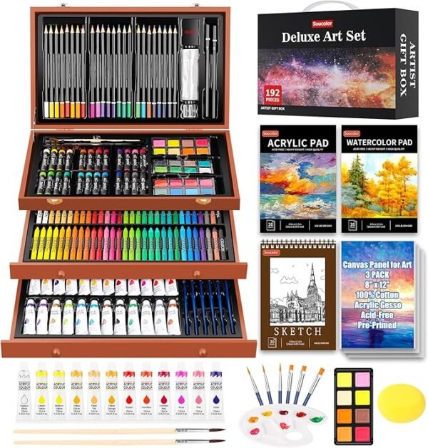 Soucolor Art Supplies, 192-Pack Deluxe Art Set Drawing Painting Supplies Art Kit with Acrylic Pad