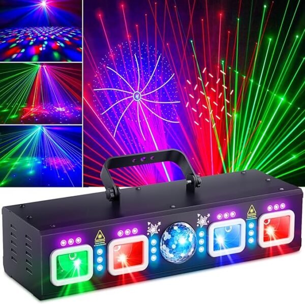 DJ Lights for Parties, Pro 6 in 1 DMX & Sound Activated Laser Light Show Machine with Disco Ball Light, RGBW & UV Strobe Party Lights