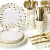 Lzerking 210 Pieces of White and Gold Dot Paper Plates, Cups, Napkins, and Heavy Duty Silverware