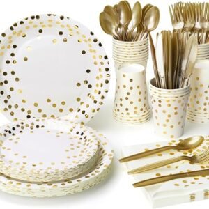 Lzerking 210 Pieces of White and Gold Dot Paper Plates, Cups, Napkins, and Heavy Duty Silverware