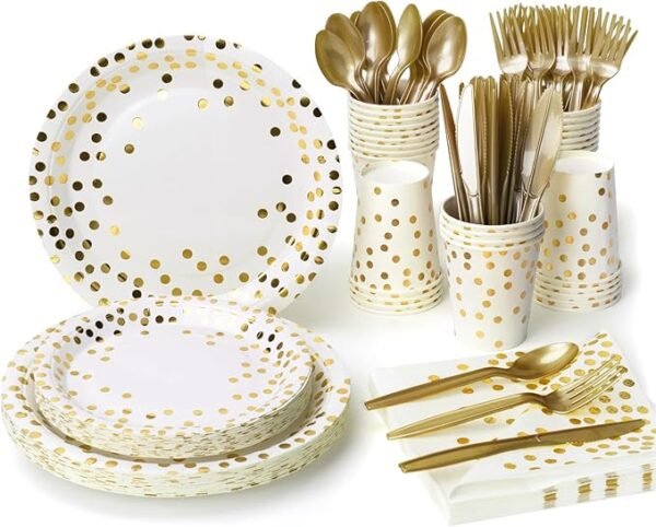 Lzerking 210 Pieces of White and Gold Dot Paper Plates, Cups, Napkins, and Heavy Duty Silverware