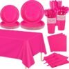 Kochorie 169 Pieces Hot Pink Party Supplies Disposable Dinnerware Set,Serve 24 Guests