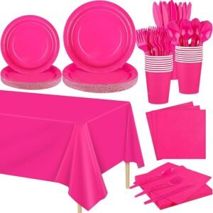 Kochorie 169 Pieces Hot Pink Party Supplies Disposable Dinnerware Set,Serve 24 Guests