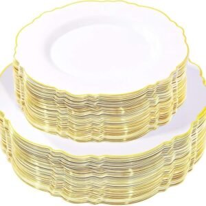WDF 100pcs Gold Plastic Plates,50Plastic Dinner Plates 10.25inch, 50Salad Plates 7.5inch