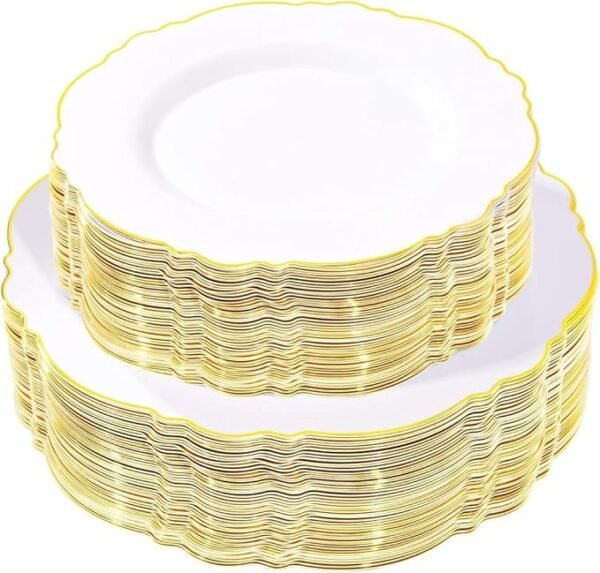 WDF 100pcs Gold Plastic Plates,50Plastic Dinner Plates 10.25inch, 50Salad Plates 7.5inch