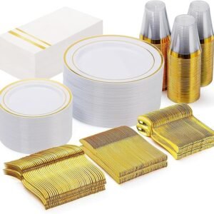 GATHER 350pcs Gold Plastic Plates-Disposable Plastic Dinnerware Set