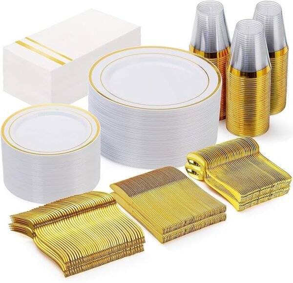 350pcs Gold Plastic Plates-Disposable Plastic Dinnerware Set