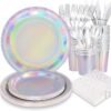 175Pcs Iridescent Party Decorations-Silver party Plates and Cups and Napkins Sets